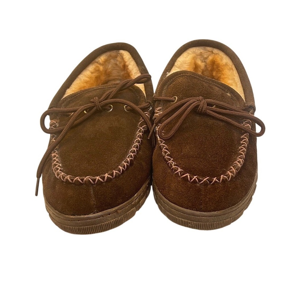 RJS Fuzzies Mens Brown Suede Sheepskin Lined Moccasin Slippers Size 9 M9